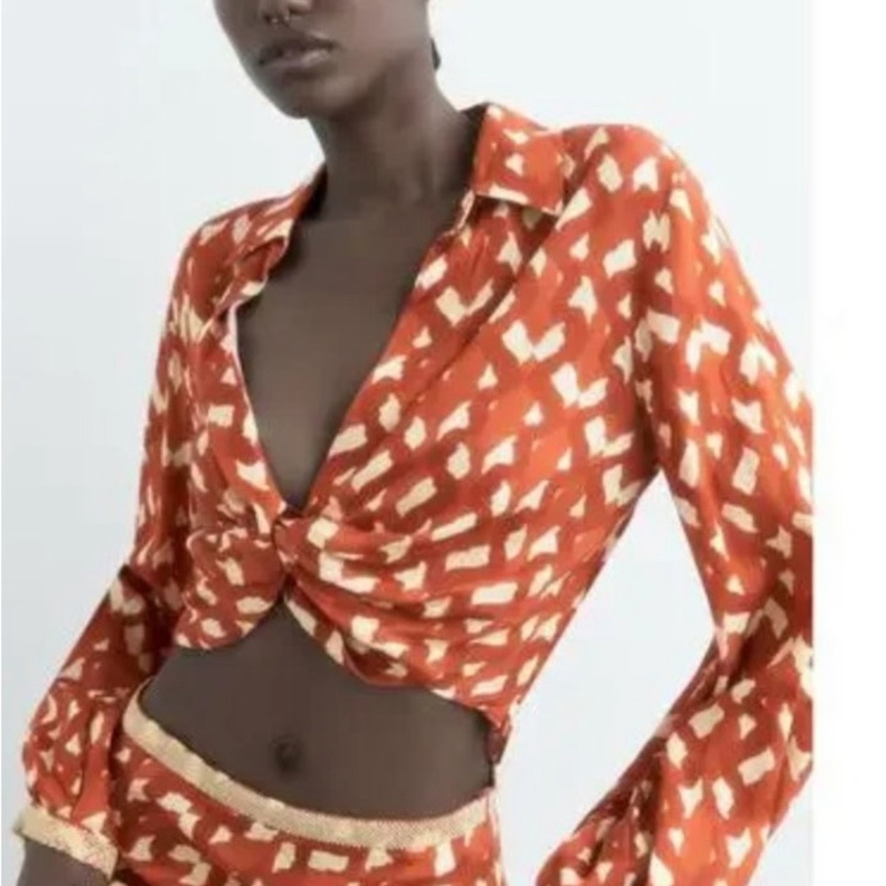 Zara Rust and Cream Twist Front Blouse